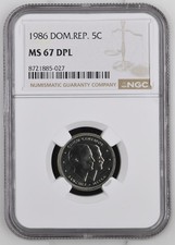 Dominican Republic Copper-Nickel 5 Centavo 1986 NGC MS67 DPL Deep Proof Like