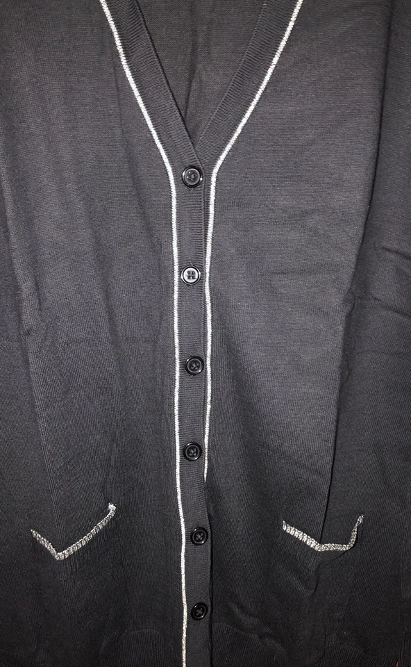 Cárdigan grande de manga larga Denim & Co. para mujer con ribete de lúrex negro talla L Foto 4 de 4