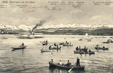 Old postcard Switzerland Zurich Zürichsee und die Alpen boats boat lake (13884)
