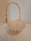 Fenton Vintage Satin Pink Crimped Edge Clear Pink Handle Basket 9 In Tall
