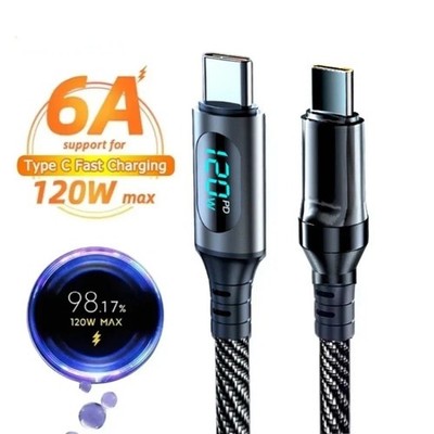 6A 120W Schnellladekabel USB-C zu Typ-C Nylon mit LED für Xiaomi & Samsung