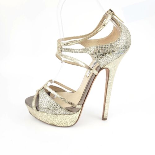 Sandali plateau cinturino alla caviglia Jimmy Choo tacco oro argento glitter misura 37,5 - Foto 2 di 8