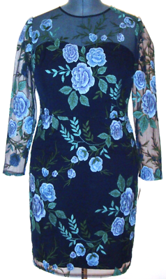 Tahari Embroidered Mesh Sheath Dress size 10 Petite Floral Blue Green | eBay