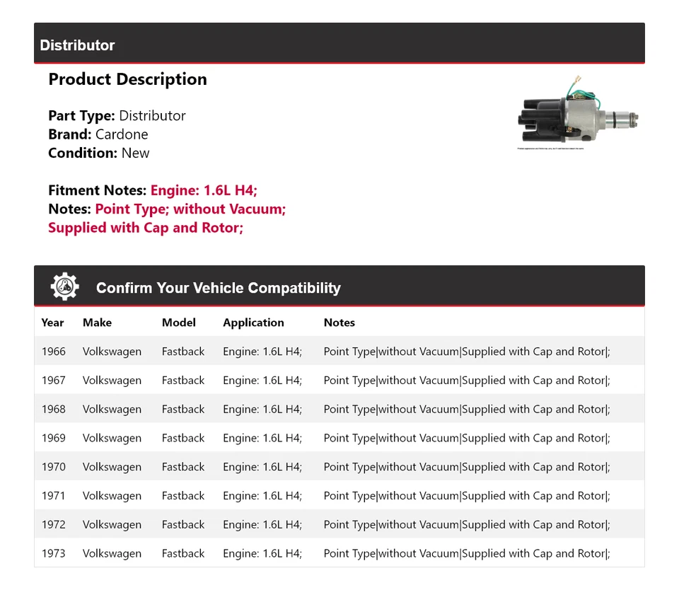 Para Volkswagen Fastback 1966-1973 1.6L H4 Distribuidor Cardone 1967 1968 1969 Foto 2 de 4