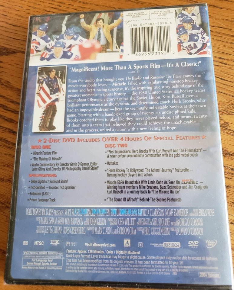 Miracle, widescreen, 2-disc, true story (2004 DVD) Walt Disney Movie New - Image 2 of 2