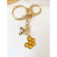 Bumble Bee Honeycomb Gold tone keyring keychain rhinestone stone bag charm gift