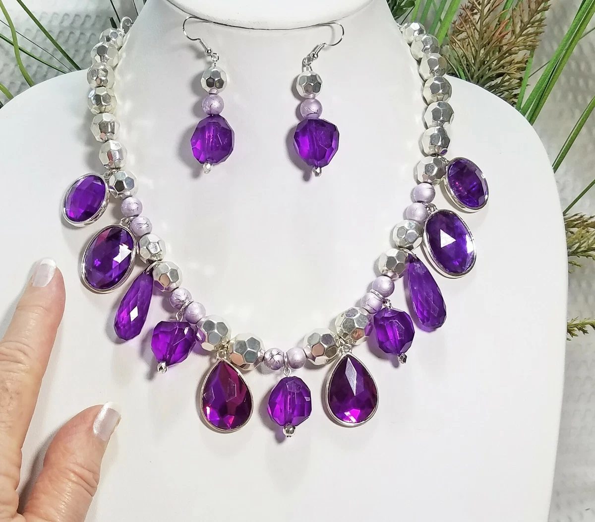 Silver Tone Chunky Purple Crystal Dangle Choker Necklace and Earring Bridal Set