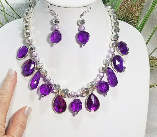 Silver Tone Chunky Purple Crystal Dangle Choker Necklace and Earring Bridal Set