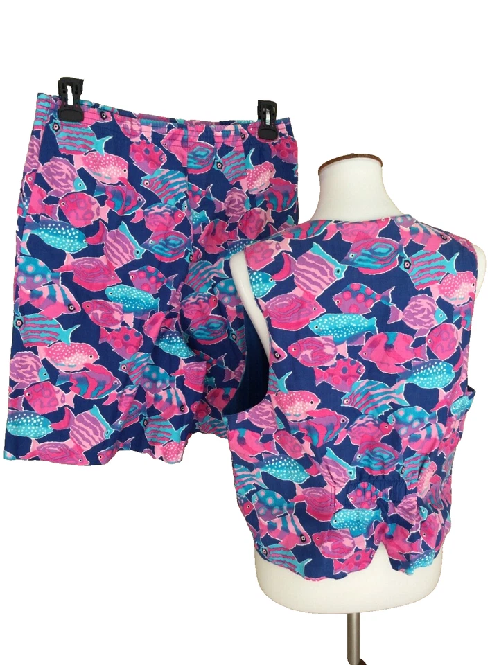 Vintage Linda Tilson Vest Shorts Set 2-Piece Size XL Tropical Fish Art to Wear - Image 2 of 4