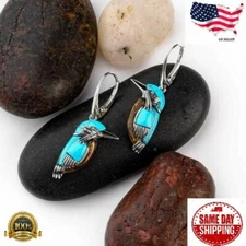 Bird Hoop Dangle Drop Earrings Women Turquoise Jewelry Lab-Created Silver Plated