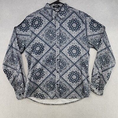 Carbon Slim Fit Mens Blue White Geometric Design LS Button Down Shirt Sz M