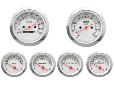 MOTOR METER RACING Classic White 6 Gauge Set Mechanical Speedometer KMH °C BAR
