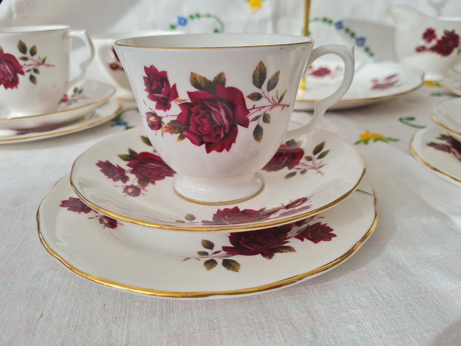 Vintage Gainsborough Bone China Red Roses Teacups Trios Tea Set With