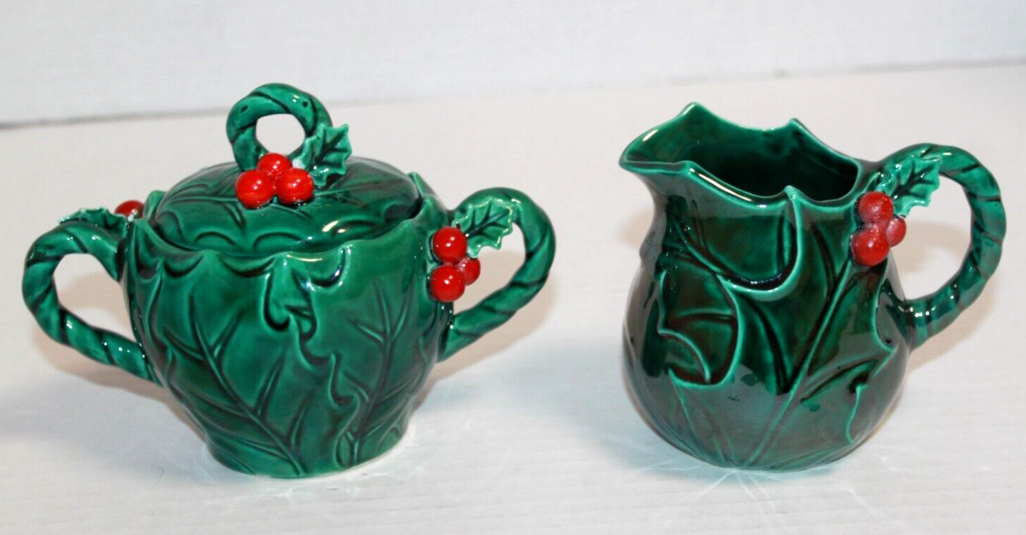 Vintage Lefton Green Holly Christmas Creamer & Sugar Bowl Set Japan eBay