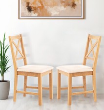 Small Dining Chairs, Pair of Wooden Oak Cross Back Kitchen Chairs in Beige Seat