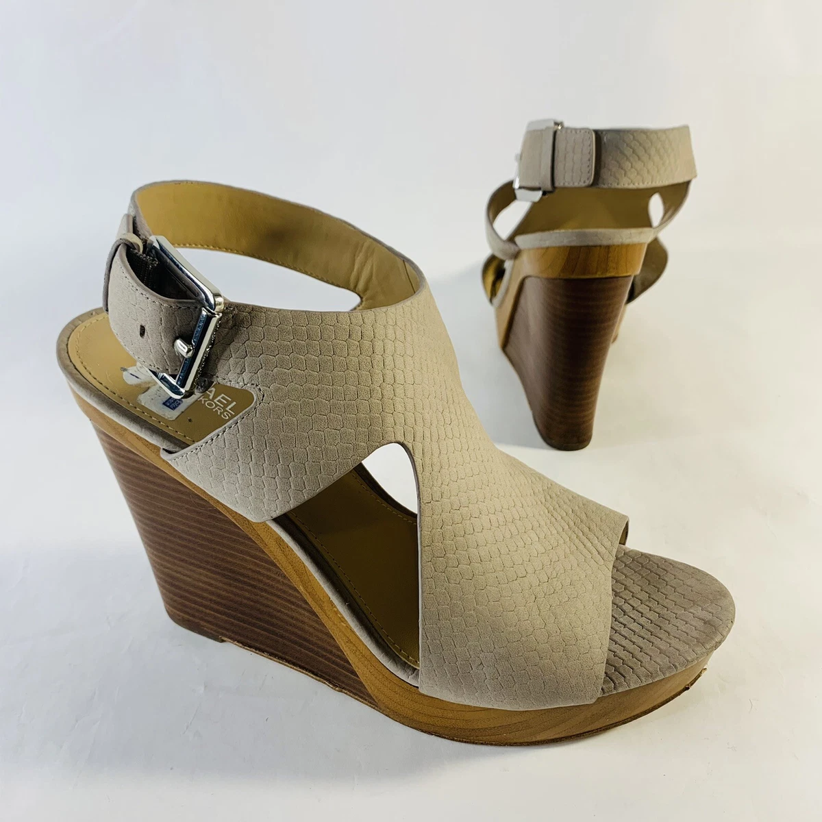 Michael Kors Size 9 M Platform Wedge Sandals Wooden Sling Back Buckled Beige