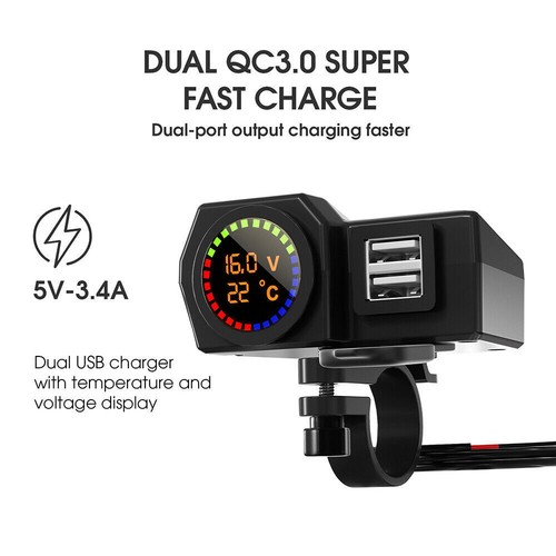 Motorcycle Handlebar Dual USB Charger 24V with Digital Voltmeter Thermometer - Zdjęcie 13 z 17