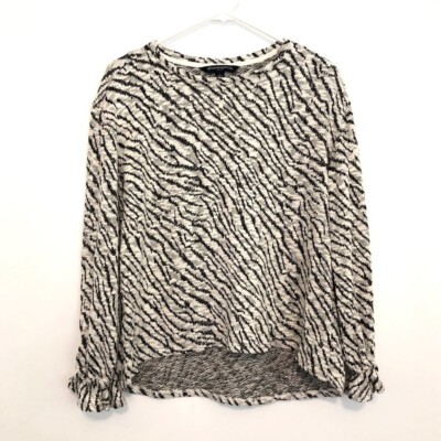SHARAGANO Zebra Print Hacci Blouse Cream Black Animal Long Sleeve Top sz Small S