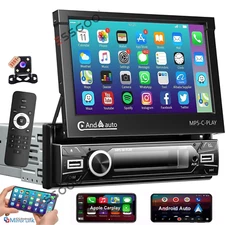 7" Single 1 DIN Car Stereo Flip Out Touch Screen Radio Carplay MP5 USB +Camera