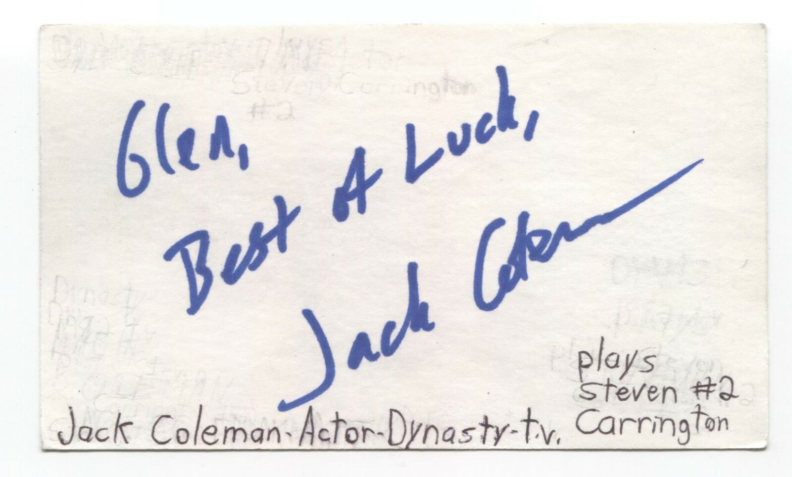 Tarjeta índice firmada por Jack Coleman 3x5 autografiada firma actor The Office