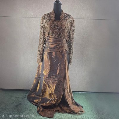 #ad Landa Womens 10 Bronze Lace Bolero Sequin Ruched Taffeta Evening Gown Set $59.98