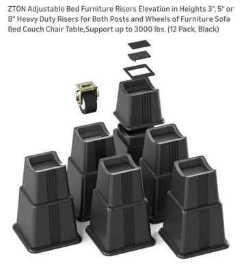 12 Pcs Adjustable Bed Furniture Risers Elevation in Heights 3'',5''or8'' Heavy Duty