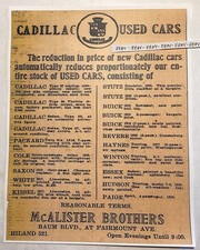 1922 Pittsburgh Pa Cadillac Used Car Dealer Stutz Roaster Buick Essex New Ad