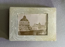 Antique Grand Tour Carved Alabaster Book Paper Weight - Inset Sepia Photo Pisa