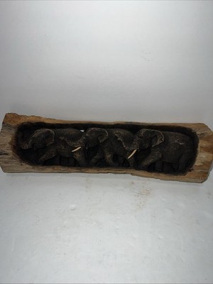 Hand Carved 3 Elephants Out Of Wood Log 2 With Tusks African Wall Hanging Decor