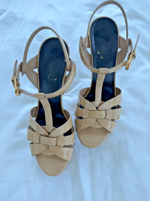 Saint Laurent YSL Tribute Sandal Nude Beige Patent Leather Platform Heel