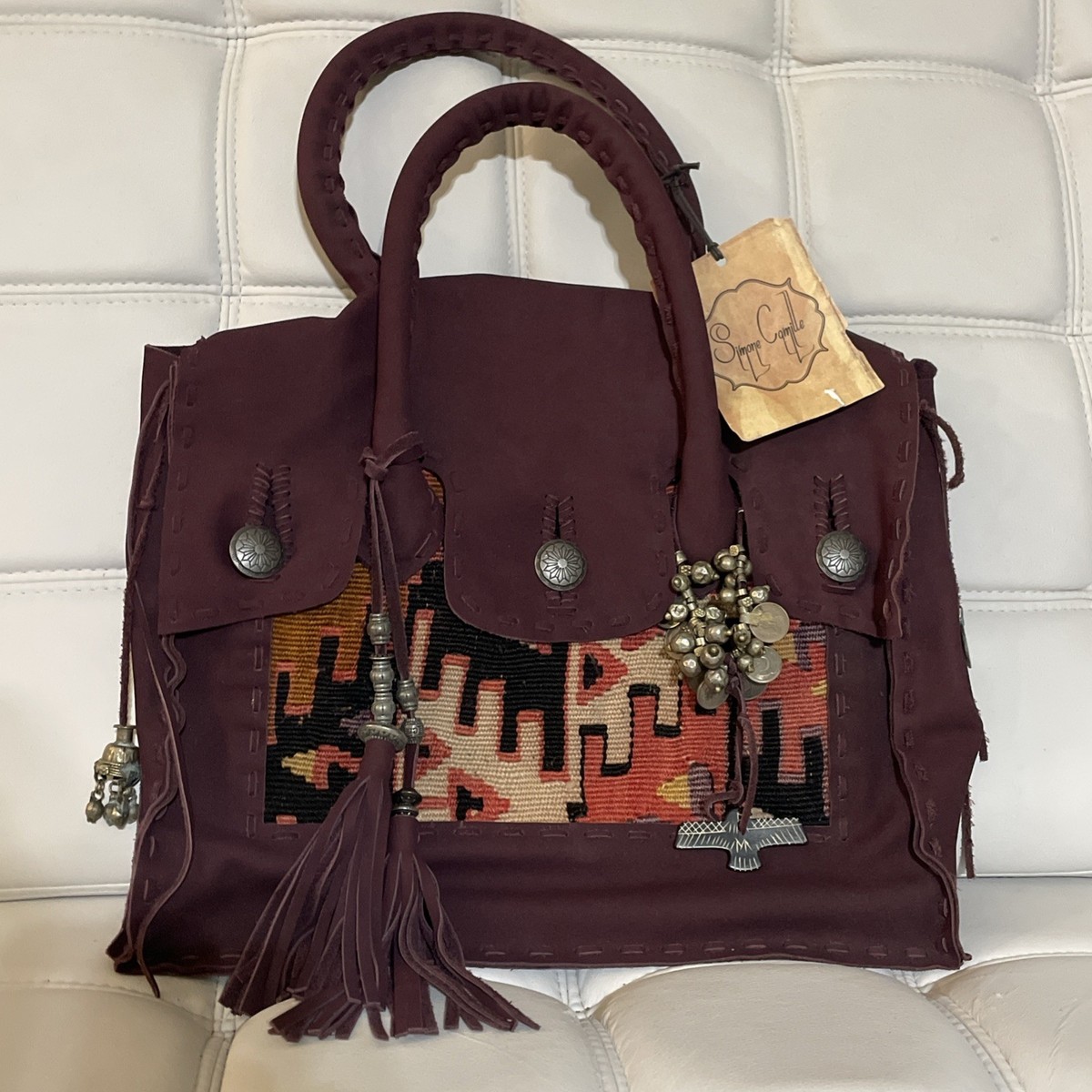 Simone Camille Suede Leather Carpet Boho Metal Coin Tassles Bag