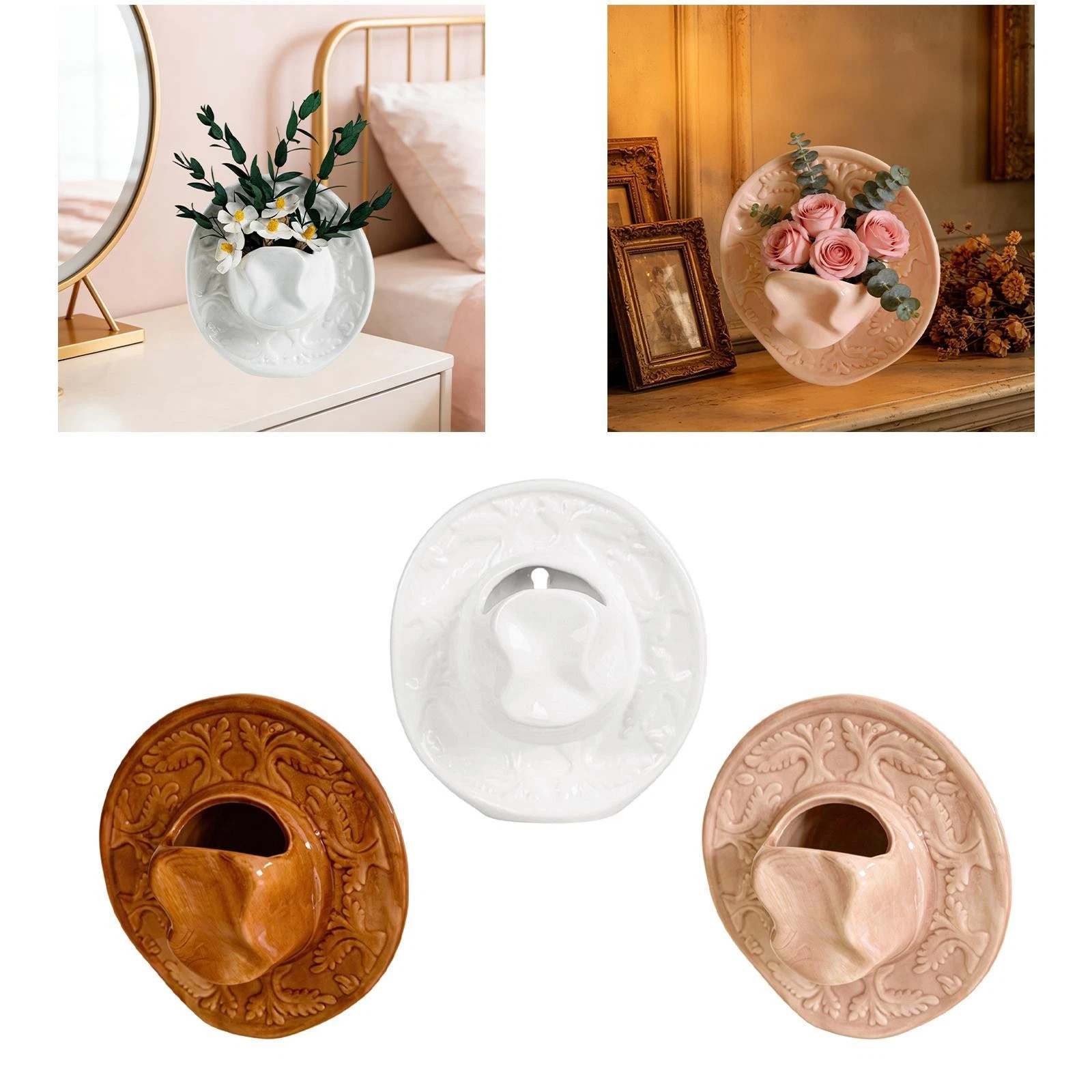Ceramic Cowboy Hat Vase Decorative Home Decor for Indoor Living Room Cabinet