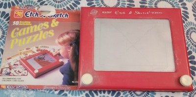 Vtg Ohio Art Etch A Sketch Drawing Toy Bundle w/ 15 Games & Puzzles Overlays