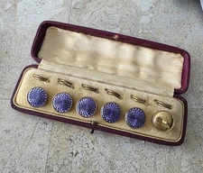 Edwardian Gilt Purple Guilloche Enamel Button Set Of 6 In Original Leather Case