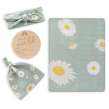 Muslin Swaddle Blanket with Hat and Headband Bow, Daisy Pattern Little Daisy