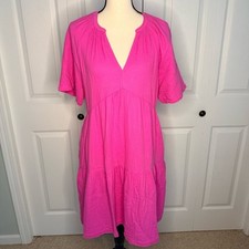 GAP Crinkle Gauze Tiered Dreas V-Neck Pockets Hot Pink Size Medium