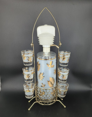 MCM 60's Barware Cocktail Set Gold Leaf pump Decanter 6 Shot Glasses & Carrier