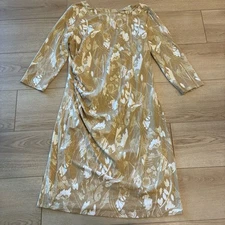J. McLaughlin Tan White Catalina Cloth 3/4 Sleeve Floral Ruched Dress Size XL