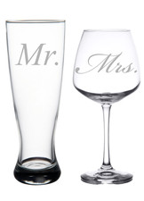 Mr. Mrs. Etched Glass Set Wedding 23 oz Pilsner and 18 oz Wine Glass Set