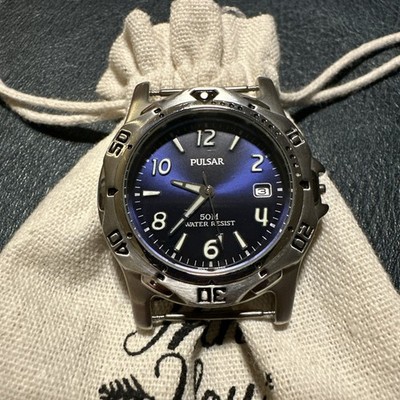 Vintage Pulsar SS Date Quartz Watch by Seiko VX32-X280 Blue Face Black Band 