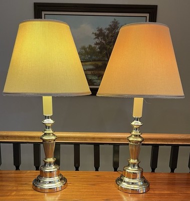 Pair Polished Stiffel Style Brass Metal Table Lamps w/White Empire Fabric Shades
