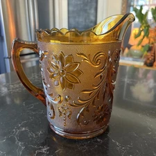 Vintage Tiara Indiana Glass Pitcher Amber Sandwich Pattern Scalloped Edge 8”