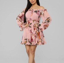 Pink Floral Off Shoulder Chiffon Sundress with Ruffle Balloon Sleeves