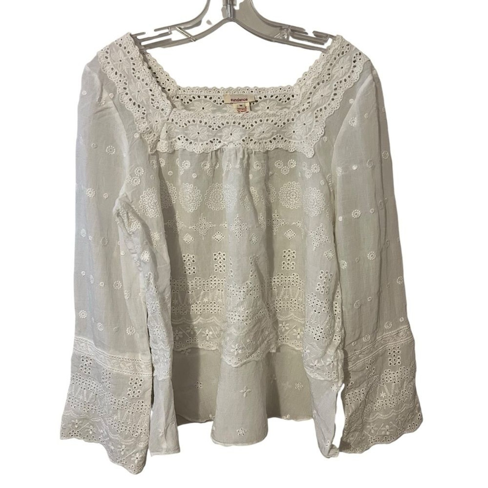 Sundance Women M White Eyelet Lace Square Neck Blouse Shirt Top Boho Festival