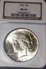 1922 SILVER PEACE DOLLAR NGC MS 64 VERY NICE