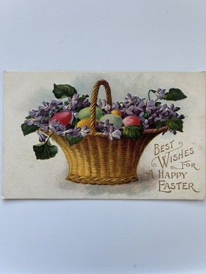 Best Wishes For A Happy Easter Big Basket Painted Eggs Purple Flowers Postcard