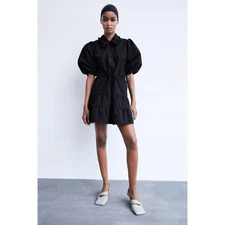 ZARA Black Balloon Sleeve Ruffle Collar Button Mini Fit & Flare Shirt Dress XS