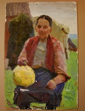Ukrainian Soviet Oil Painting Portrait realism old woman impressionism
