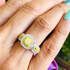 Golden Yellow Cushion  Round Cut 1.23CT Citrine  Clear White CZ Wedding Ring