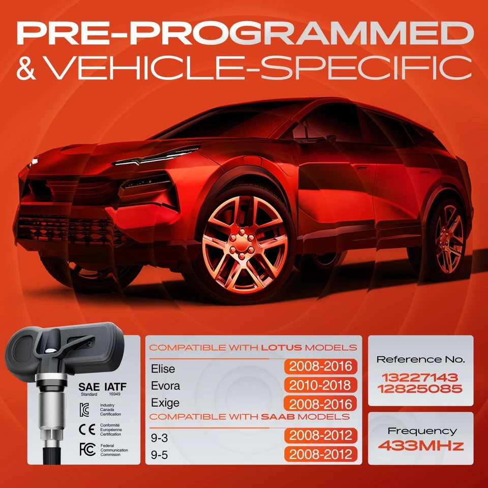 Sensor de monitoreo de presión de neumáticos 4x 433 MHz TPMS para Saab 9-3 2008-2012 9-5 Lotus Foto 2 de 4